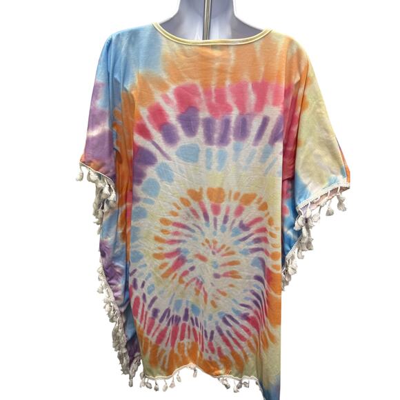 Blakeley Bright Rainbow Tie Dye Macrame Swim Cover/Poncho OS-Beach Boho Festival - Picture 3 of 3